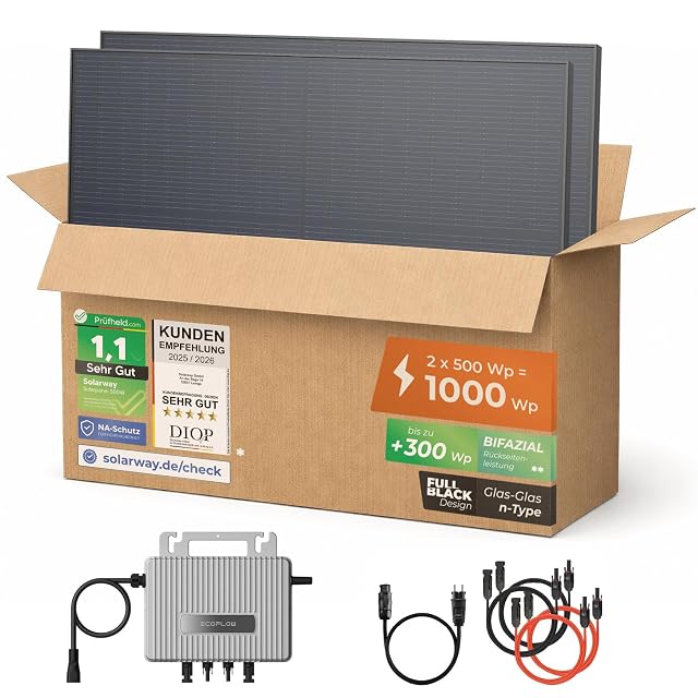 Solarway balcony kit with two black bifacial modules and an EcoFlow Stream inverter
