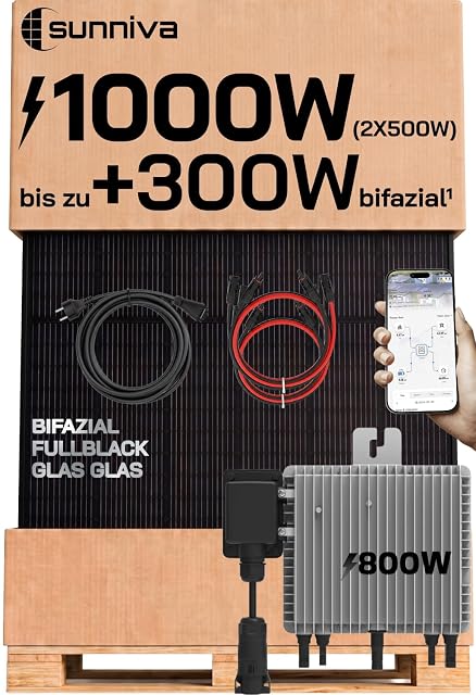 SUNNIVA balcony solar kit with two bifacial glass-glass modules and a micro-inverter