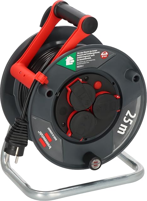 Brennenstuhl Garant V2 cable reel with three sockets and a carrying handle
