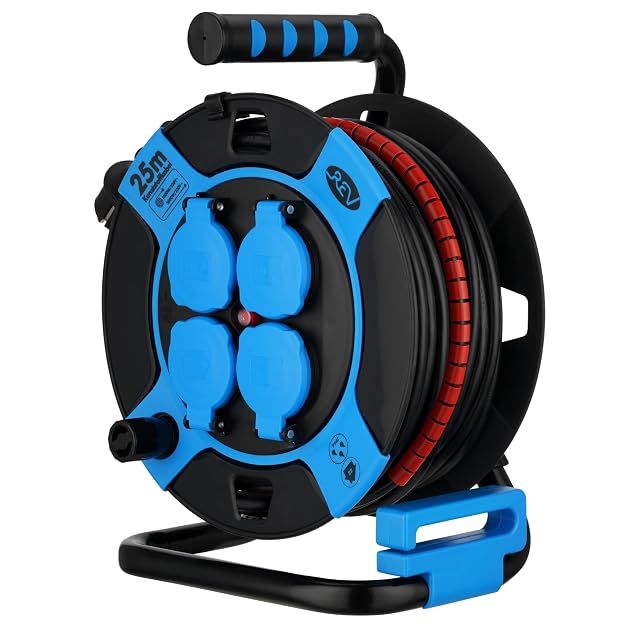 REV 25 m black outdoor cable reel on a steel stand