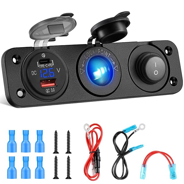 Kohree 12 V panel socket with USB-C, QC 3.0 ports and a voltage display
