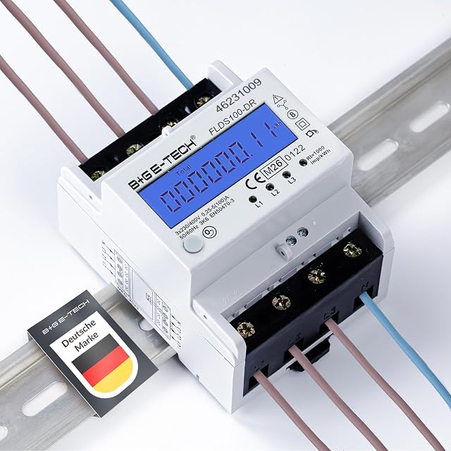 B+G E-Tech three-phase DIN rail meter with a blue backlit display