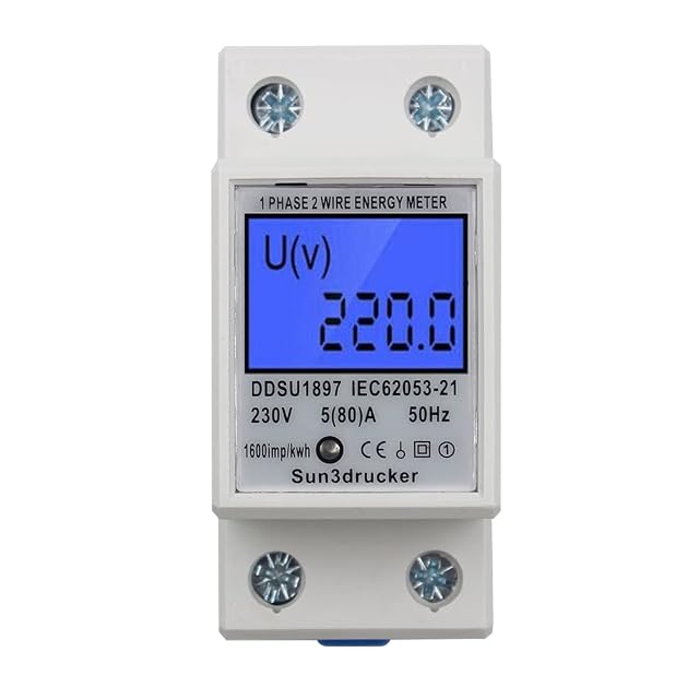 Sun3drucker single-phase DIN rail kWh meter with a backlit LCD