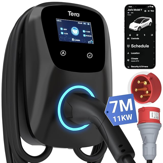 Tera W01 EV charger with Type 2 cable and wall holder
