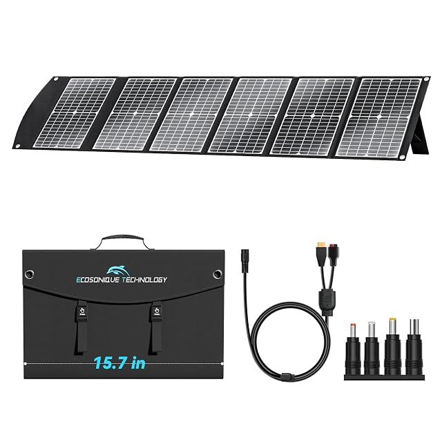 Ecosonique 100 W folding solar panel with its adapter set laid out