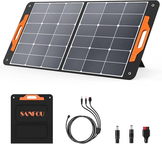 Husgw 100 W folding solar panel unfolded with its carrying handle