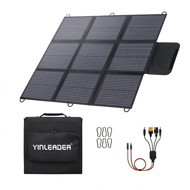 Yinleader 200 W fabric solar panel hanging from an awning by carabiners