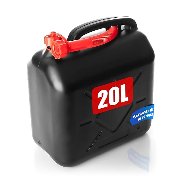 BigDean 20 litre black and red plastic fuel can with a flexible spout