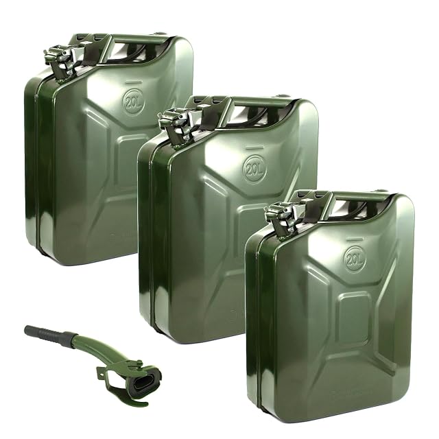 Holmwerk 20 litre olive green metal fuel cans, three in a set