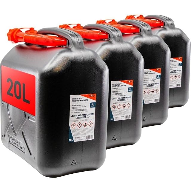 KOVA 20 litre black plastic fuel cans with red caps, four in a set