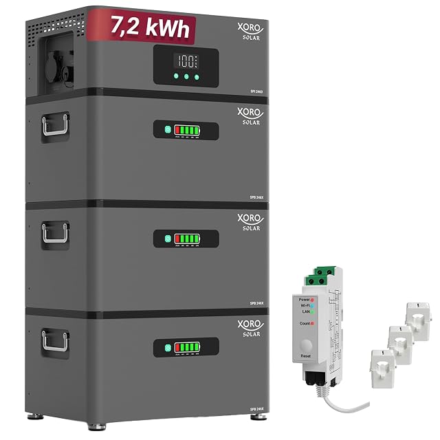 XORO SOLAR ATLAS-F stacked battery system with its smart meter