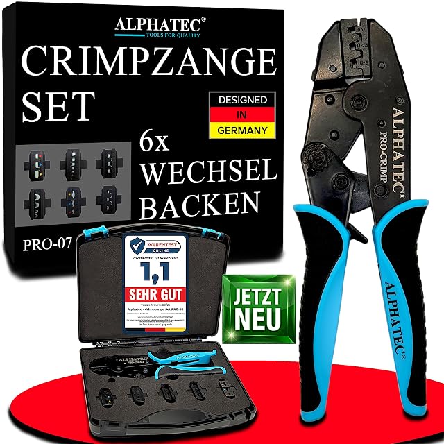 ALPHATEC seven-piece crimping set with interchangeable jaws in a case