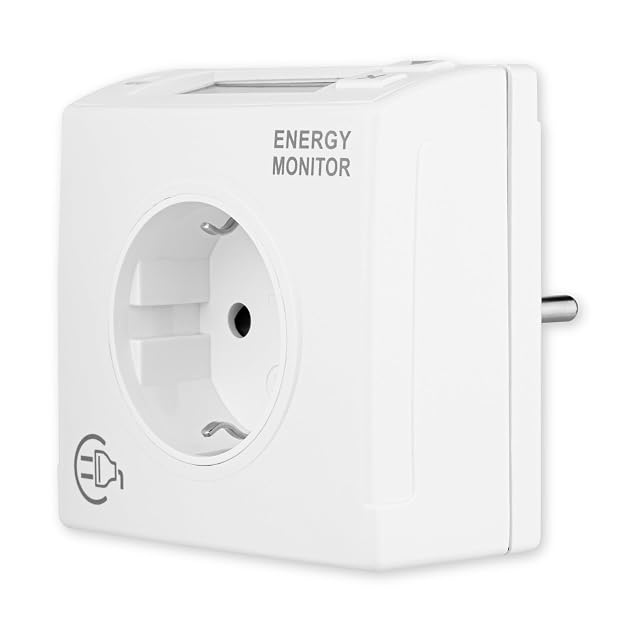 REV plug-in energy meter in white with an LCD display