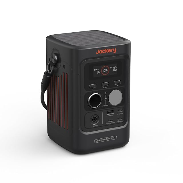 Jackery Explorer 300D power station standing upright with its integrated USB-C cable handle