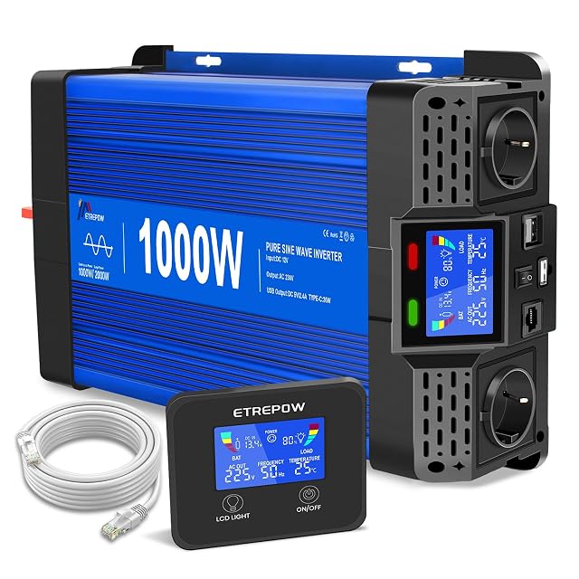 ETREPOW 1000 W pure sine inverter with its remote control unit