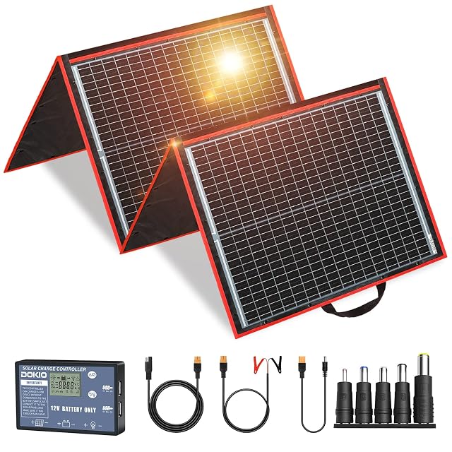 DOKIO 160 W folding solar panel with its charge controller