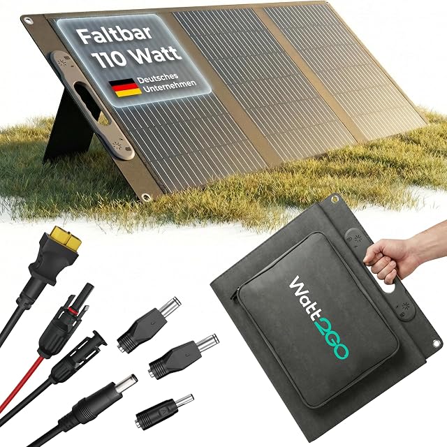 Watt2Go 110 W folding solar panel with its carrying bag