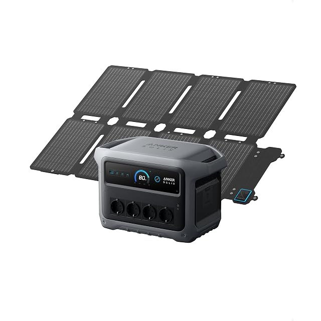 Anker SOLIX C1000 Gen 2 station with a folding 100 W solar panel unfolded behind it