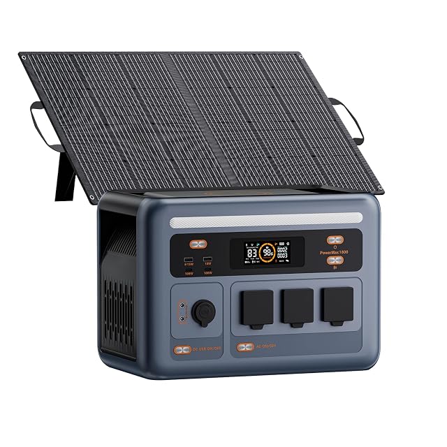 OSCAL PowerMax 1800SE power station beside a folding 100 W solar panel