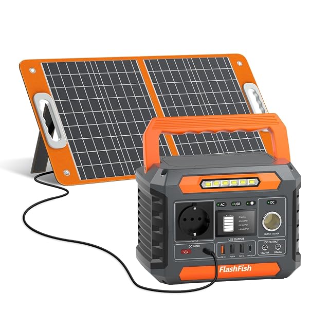 FlashFish P66A power station in orange beside its folding 60 W solar panel