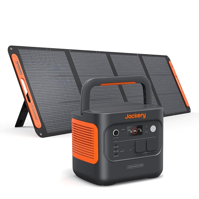Jackery Explorer 2000 v2 power station with a folding 200 W solar panel behind it