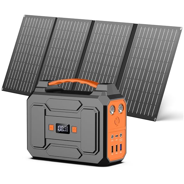 Powkey portable power station beside its folded 40 W solar panel