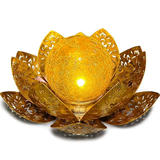 ORHOMELIFE lotus solar ground light with amber crackle glass