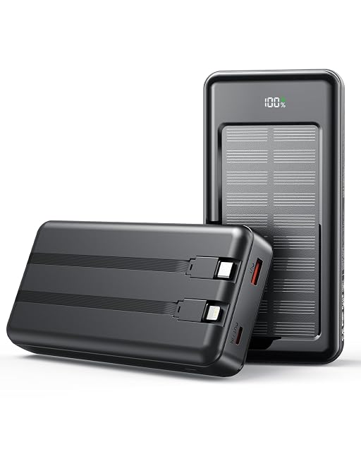 Bextoo 27 000 mAh solar power bank with its two cables