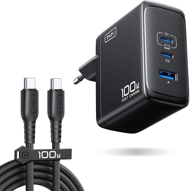 INIU 100 W three-port charger with its included USB-C cable