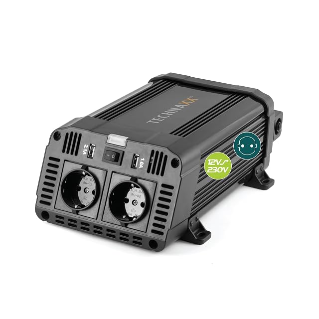 Technaxx TE16 voltage converter with two Schuko sockets and a mounting bracket