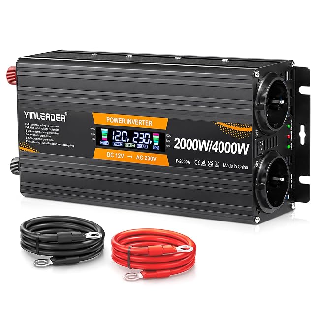 Yinleader 2000 W voltage converter with LCD display and two EU sockets